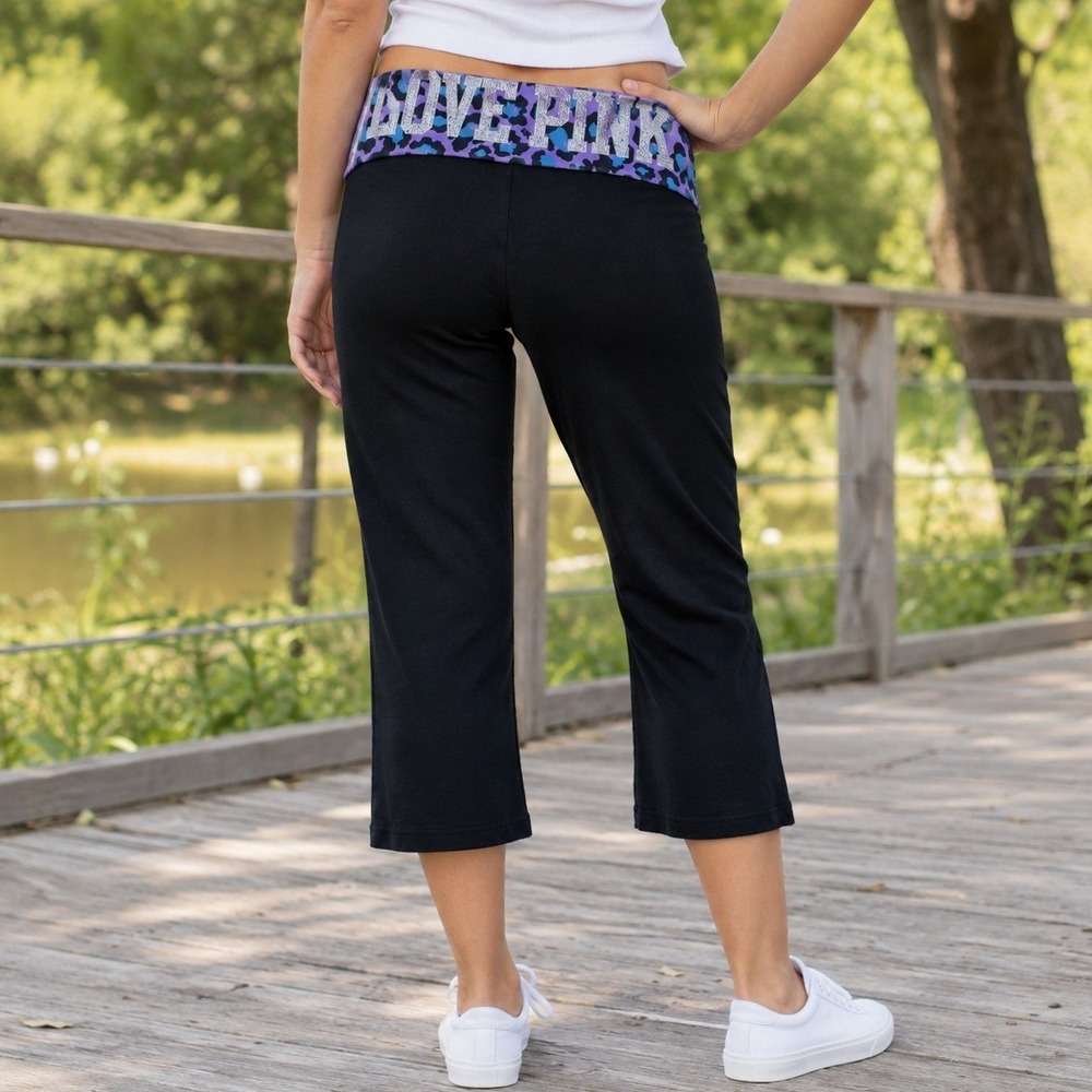 PINK Victoria's Secret Yoga Pants Womens S Small Black Leopard Rhinestone Crop